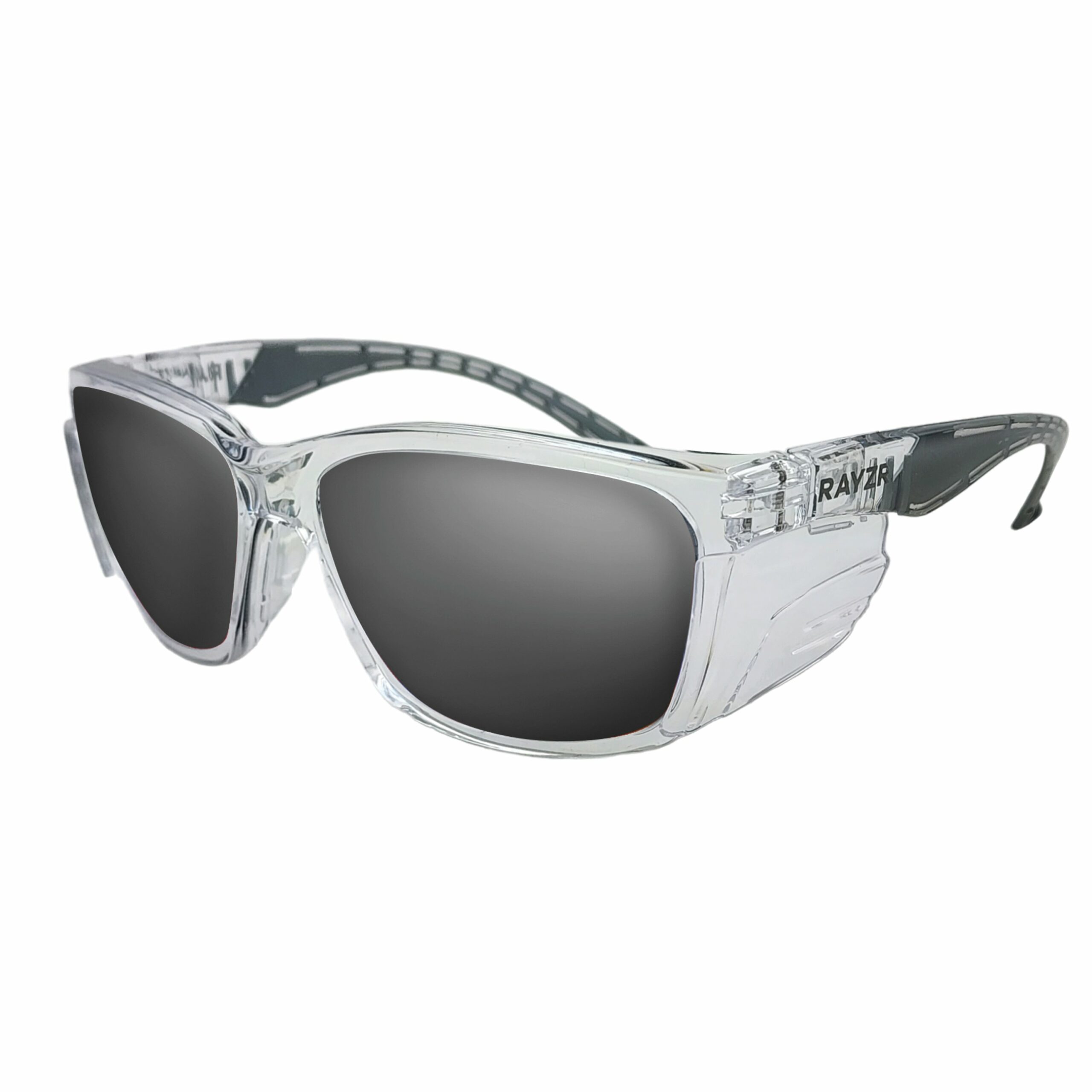 Rayzr Safety Glasses – Clear Frame – Smoke Lens
