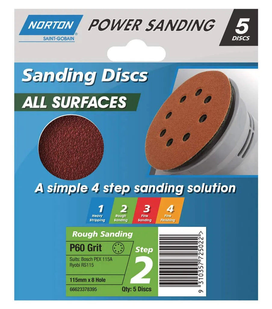 Norton Speedgrip Disc 115mm x 8H Step 2 P60 Grit 5 Pack