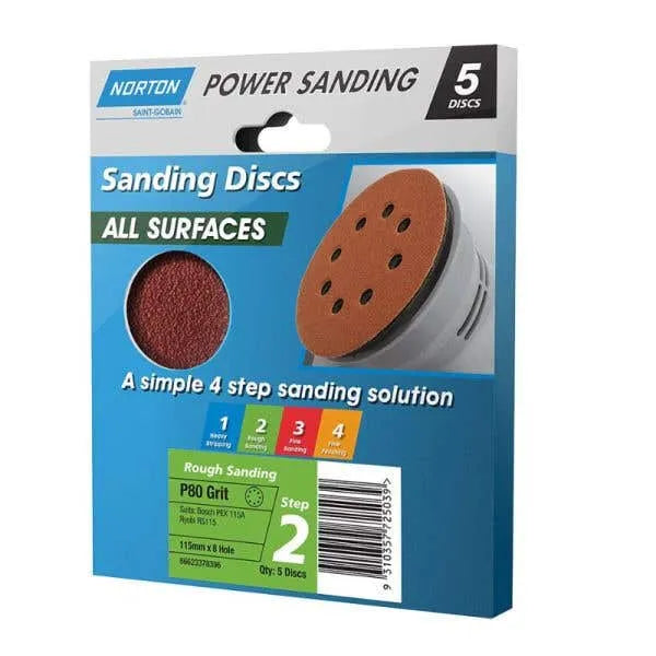 Norton Speedgrip Disc 115mm x 8H Step 2 P80 Grit 5 Pack