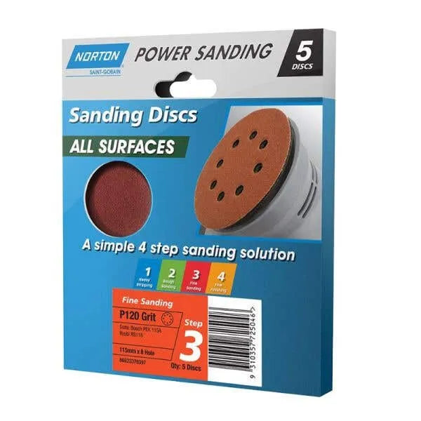 Norton Speedgrip Disc 115mm x 8H Step 3 P120 Grit 5 Pack