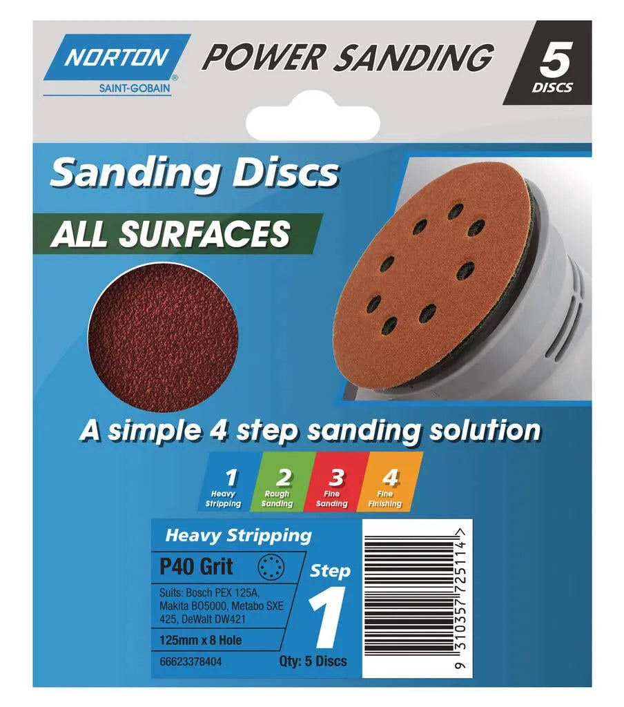Norton Speedgrip Disc 125mm x 8H Step 1 P40 Grit 5 Pack