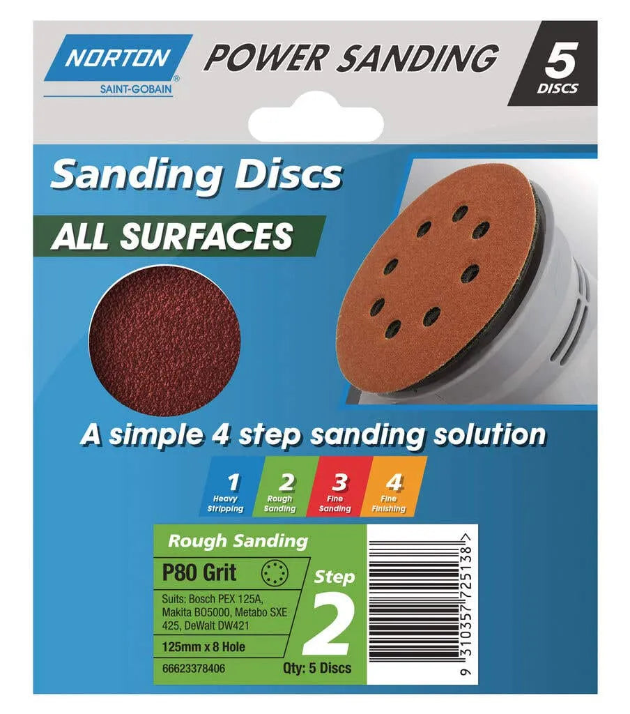 Norton Speedgrip Disc 125mm x 8H Step 2 P80 Grit 5 Pack