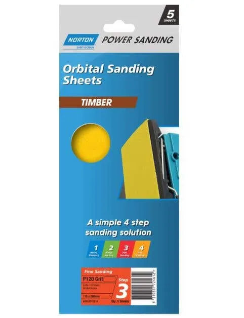 Norton Timber Orbital Sanding Sheet 115 x 280mm Step 3 P120 Grit 5 Pack