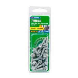Zenith Galvanised Hex Head Timber Screw with Seal 10G x 25mm 15 Pack
