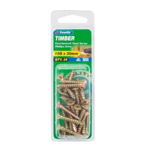 Zenith Solid Brass Countersunk Wood Screw 10G x 30mm 25 Pack