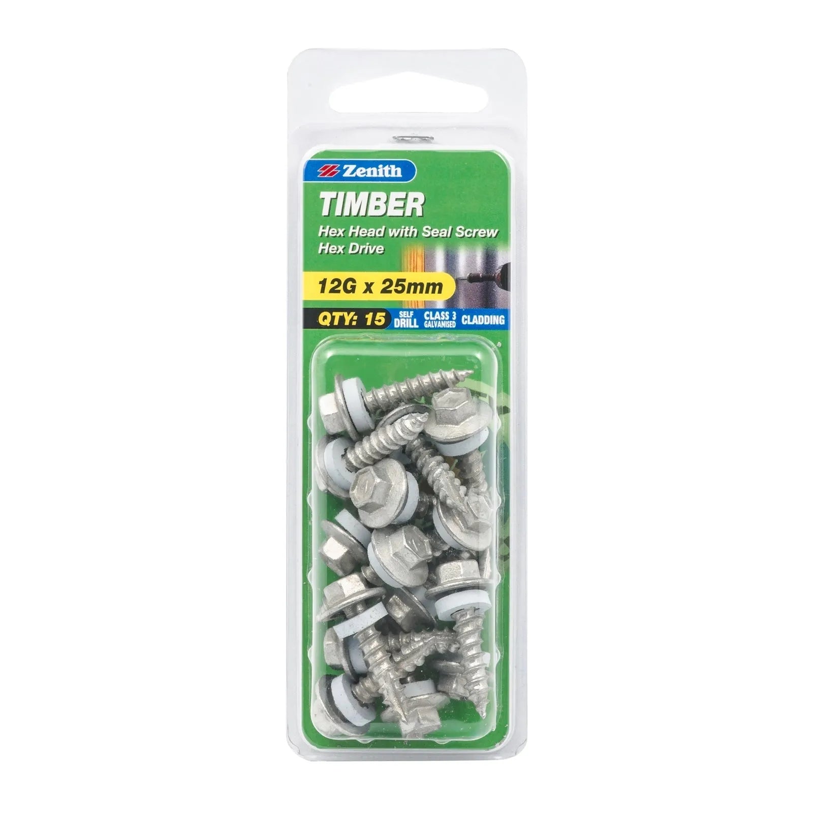 Zenith Galvanised Hex Head Timber Screw with Seal 12G x 25mm 15 Pack