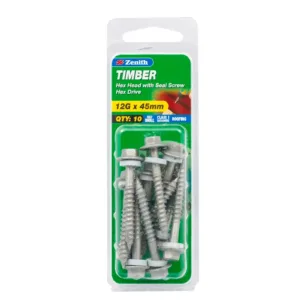 Zenith Galvanised Hex Head Timber Screw with Seal 12G x 45mm 10 Pack