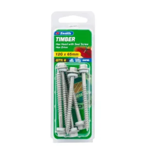 Zenith Galvanised Hex Head Timber Screw with Seal 12G x 65mm 6 Pack