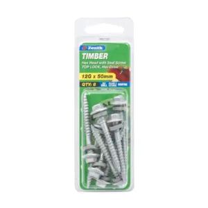 Zenith 12G x 50mm Galv Top Lock Hex Head With Seal Timber Screws - 8 Pack