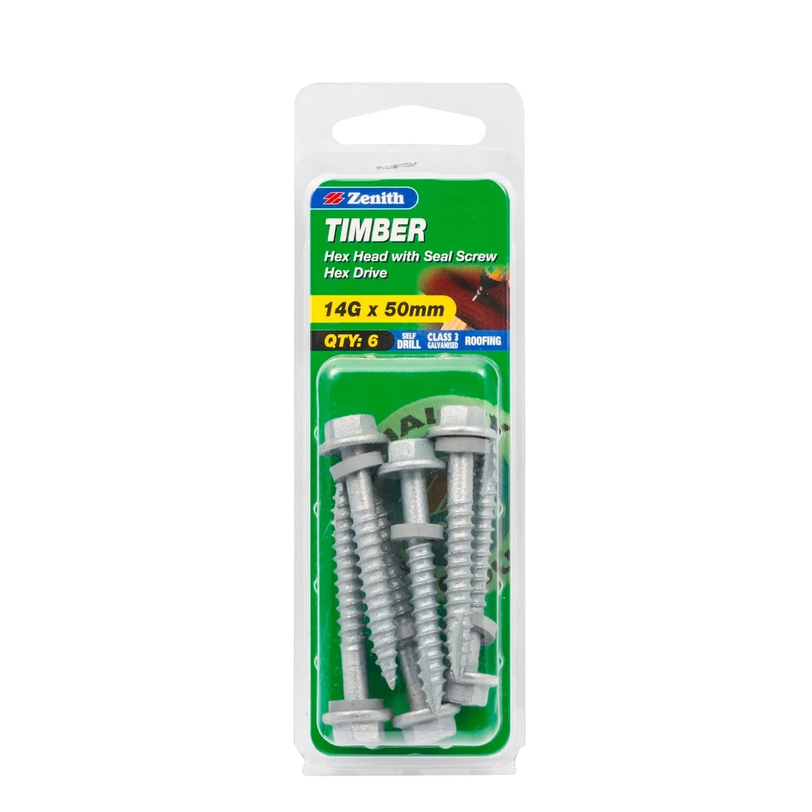 Zenith Galvanised Hex Head Timber Screw with Seal 14G x 50mm 6 Pack
