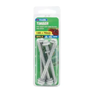 Zenith Galvanised Hex Head Timber Screw with Seal 14G x 75mm 5 Pack