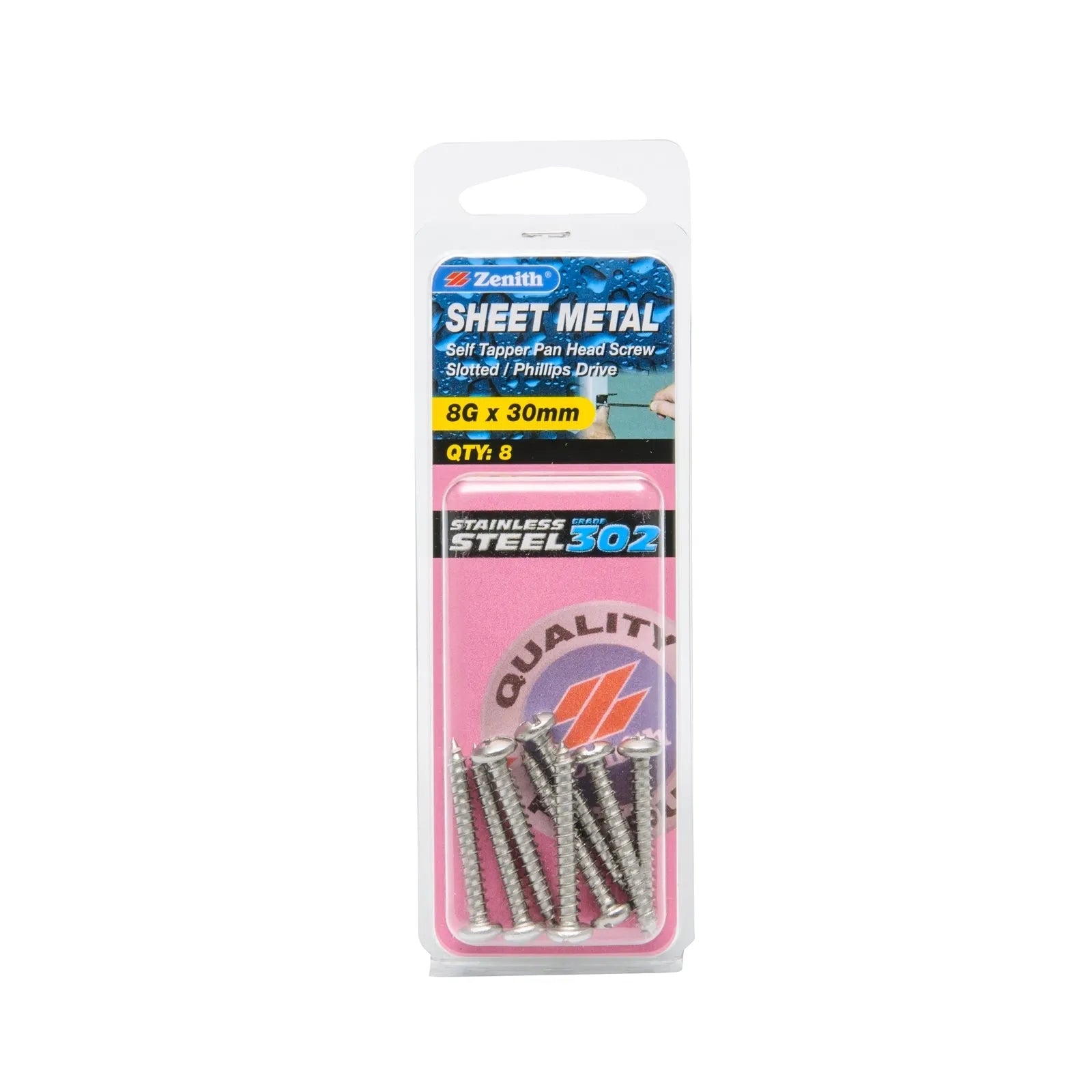 Zenith Stainless Steel Pan Head Self-Tapping Sheet Metal Screw 8G x 30mm 8 Pack