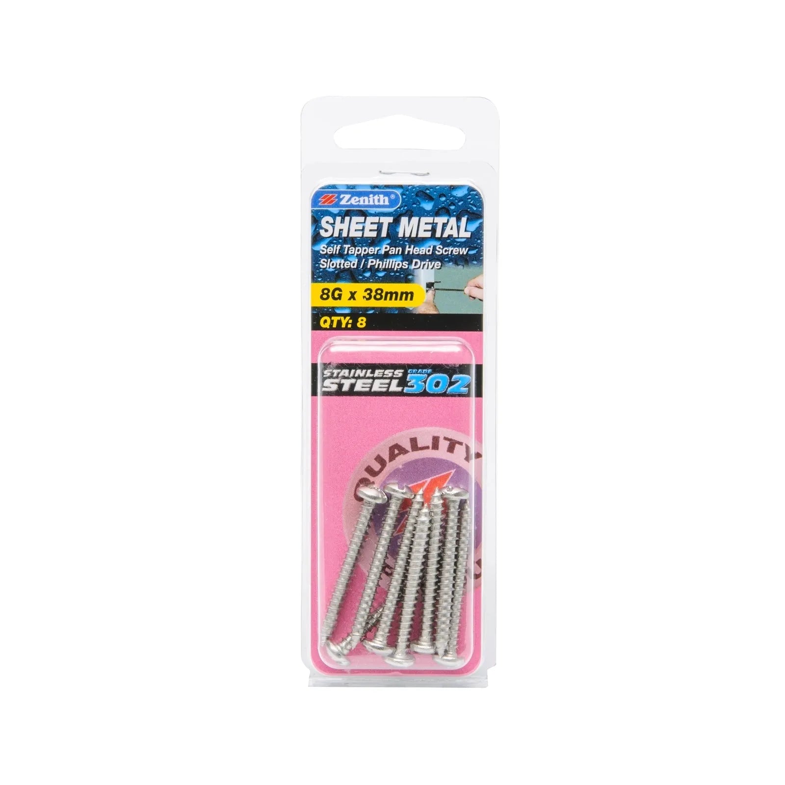 Zenith Stainless Steel Pan Head Self-Tapping Sheet Metal Screw 8G x 38mm 8 Pack