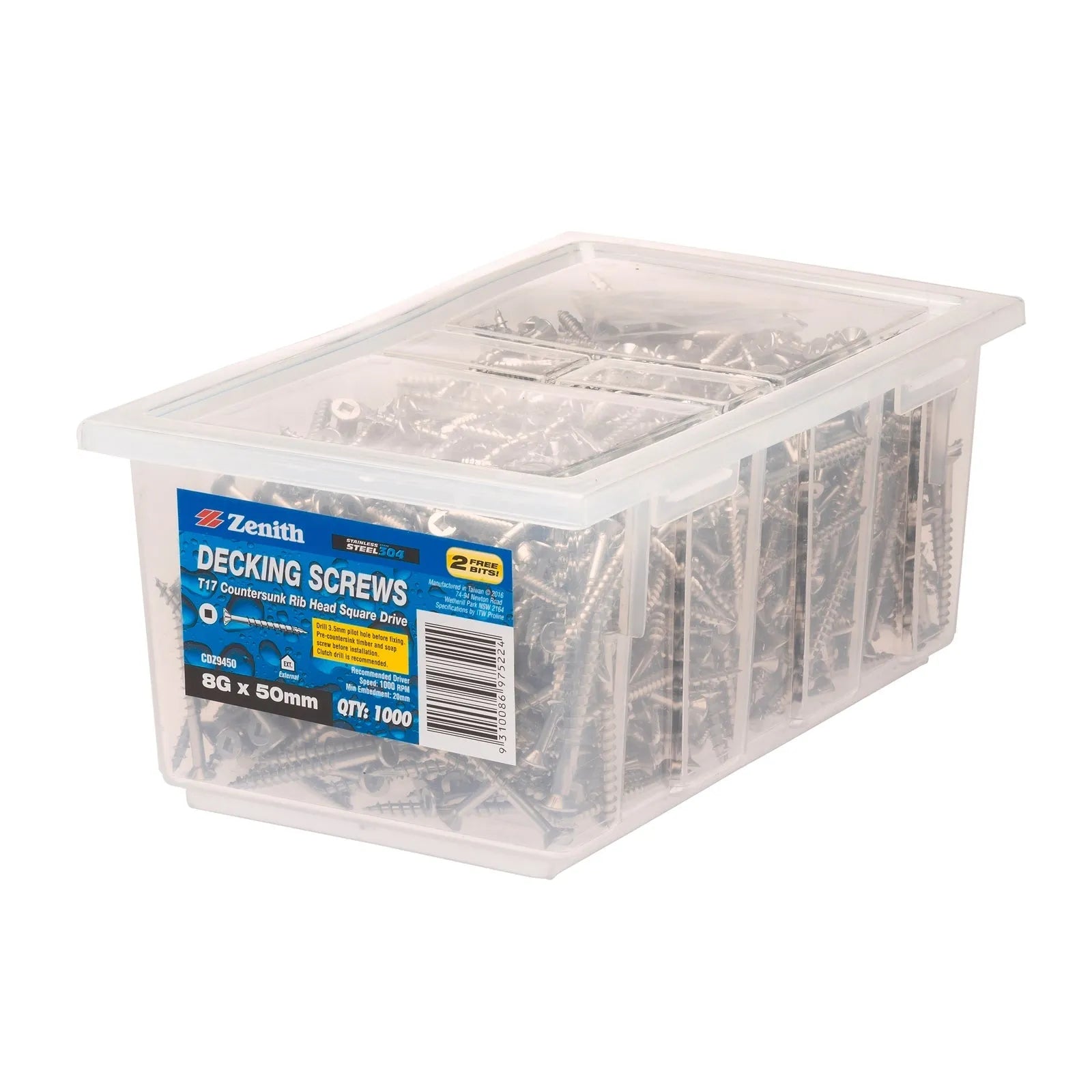 Zenith Decking Screws T17 Square Drive Stainless Steel 8G x 50mm 1000 Pack