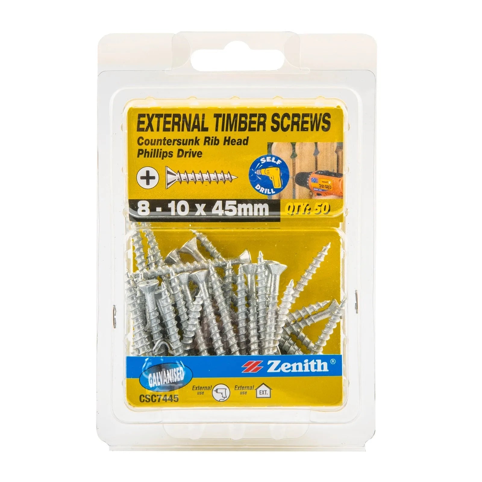 Zenith External Timber Screws Galv 8G x 45mm 50 Pack