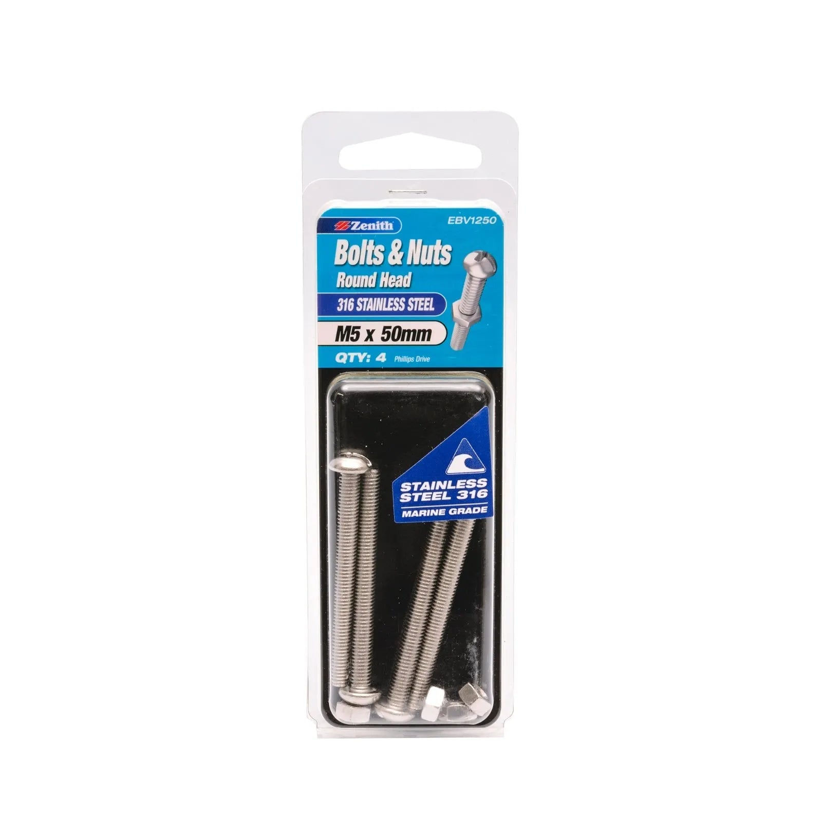 Zenith 316 Stainless Steel Round Head Bolt & Nut M5 x 50mm 4 Pack
