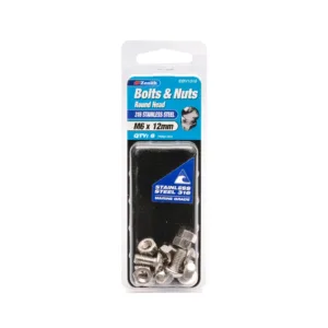 Zenith 316 Stainless Steel Round Head Bolt & Nut M6 x 12mm 6 Pack