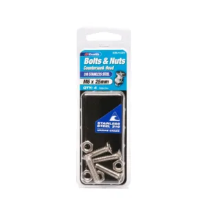 Zenith 316 Stainless Steel Countersunk Head Bolt & Nut M6 x 25mm 4 Pack