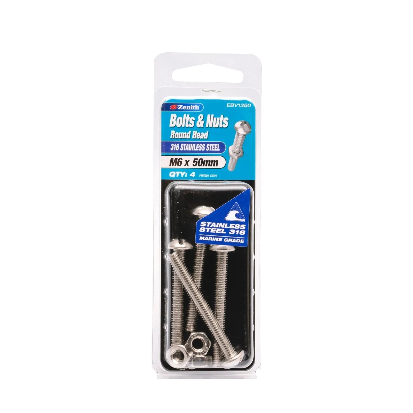 Zenith 316 Stainless Steel Round Head Bolt & Nut M6 x 50mm 4 Pack
