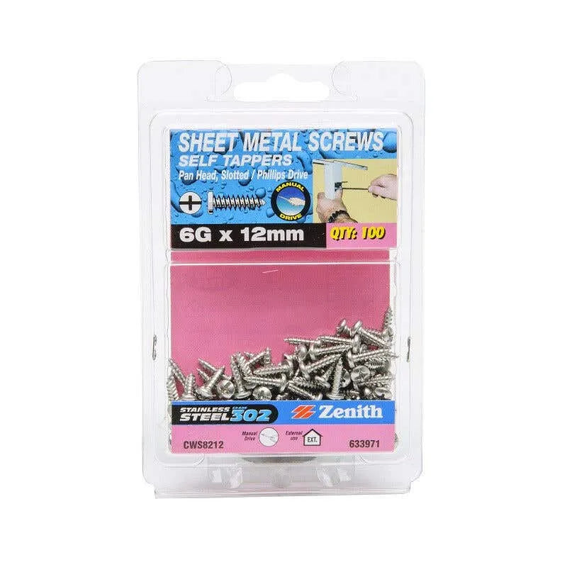 Zenith Self Tapping Screws Pan Head Stainless Steel 6G x 12mm 100 Pack