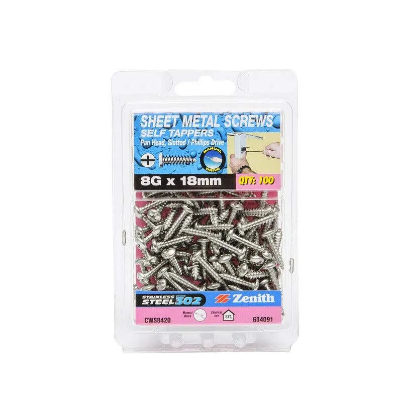 Zenith Self Tapping Screws Pan Head Stainless Steel 8G x 18mm - 100 Pack 100 Pack