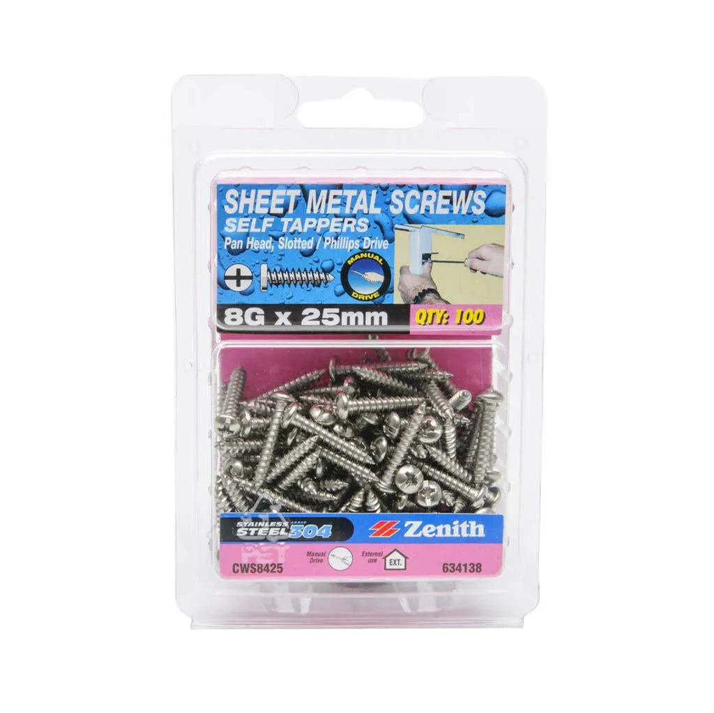 Zenith Self Tapping Screws Pan Head Stainless Steel 8G x 25mm 100 Pack