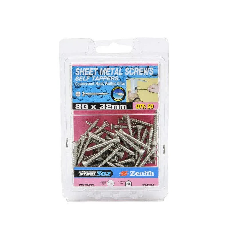 Zenith Self Tapping Screws Pan Head Stainless Steel 8G x 32mm 50 Pack