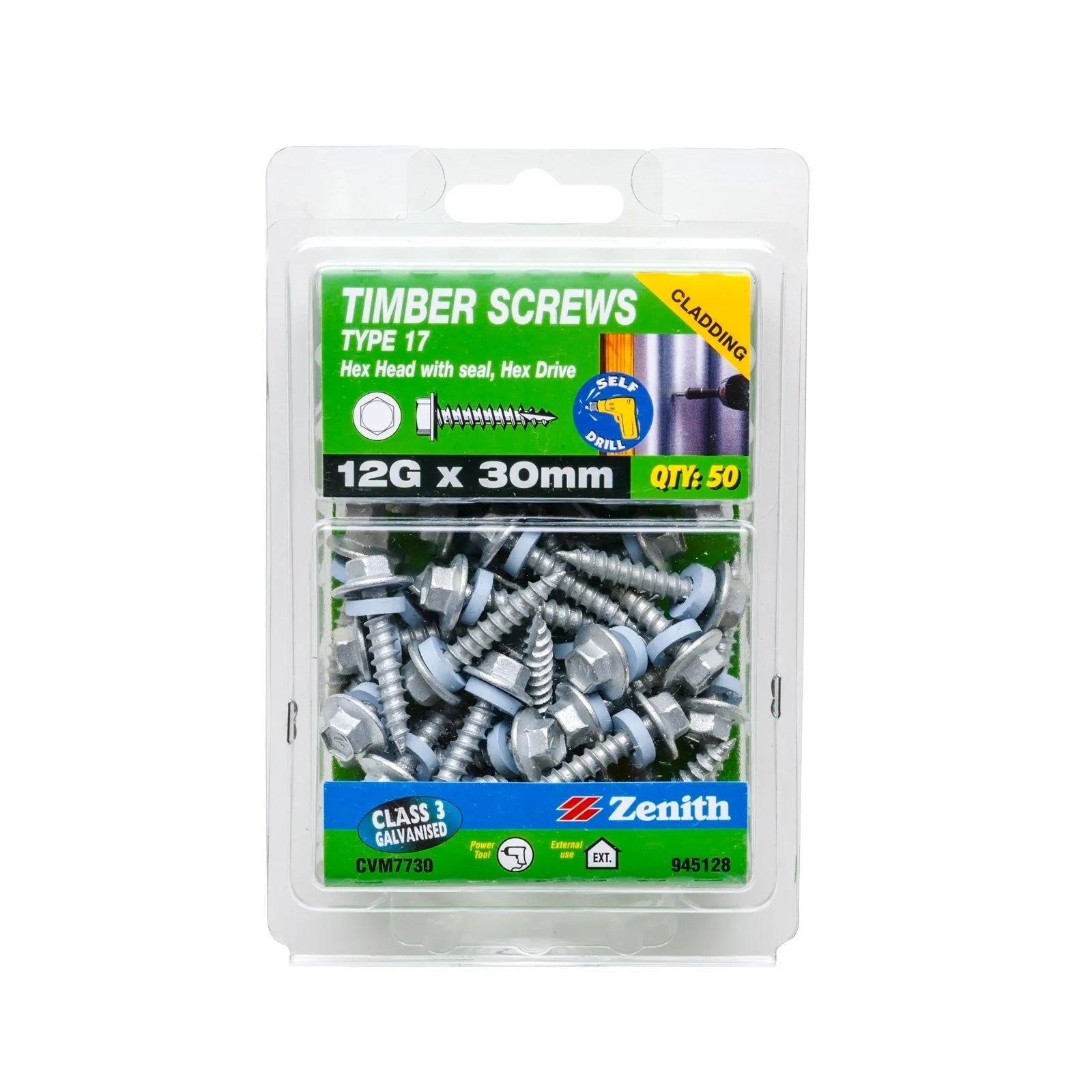 Zenith Timber Screw Type 17 Hex w/Seal 12G x 30mm 50pk