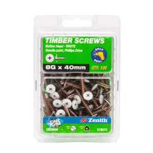 Zenith Timber Screws Button Head Needle Point White 8G x 40mm 100 Pack