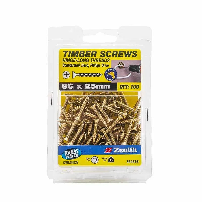 Zenith Timber Screws Countersunk Brass 8G x 25mm 100 Pack