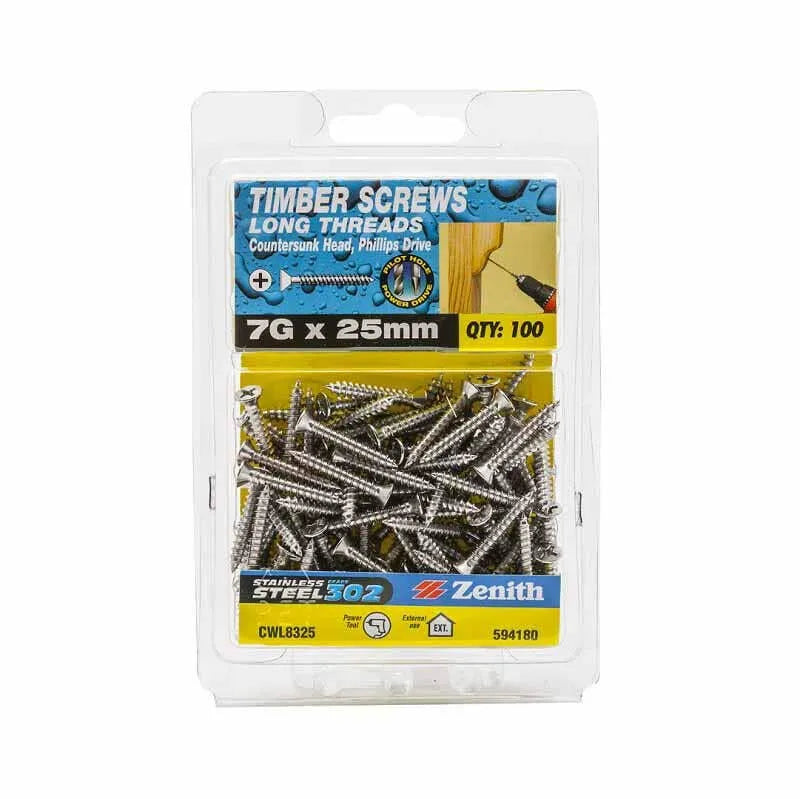 Zenith Timber Screws Countersunk Stainless Steel 7G x 25mm 100 Pack