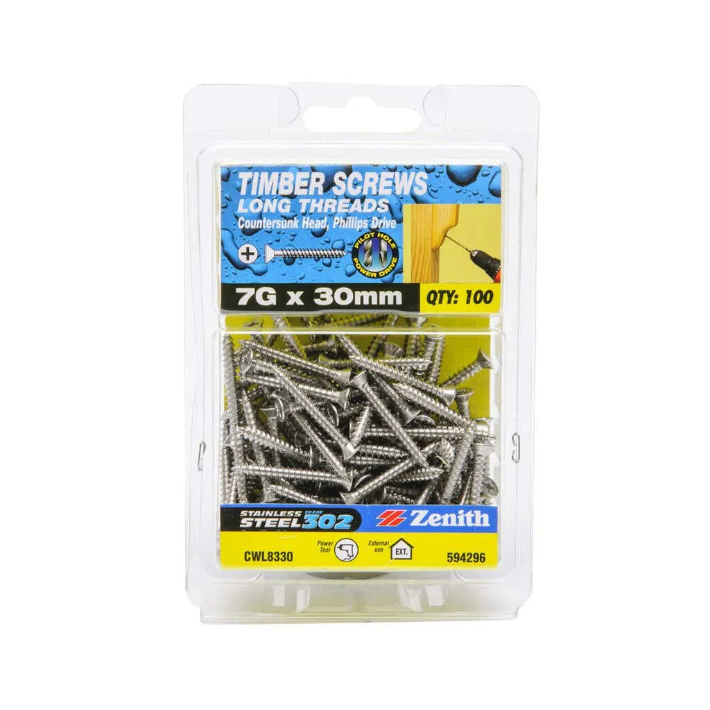 Zenith Timber Screws Countersunk Stainless Steel 7G x 30mm 100 Pack