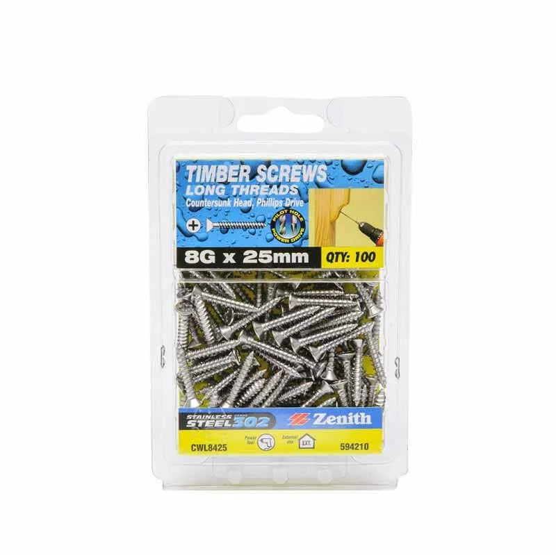 Zenith Timber Screws Countersunk Stainless Steel 8G x 25mm 100 Pack