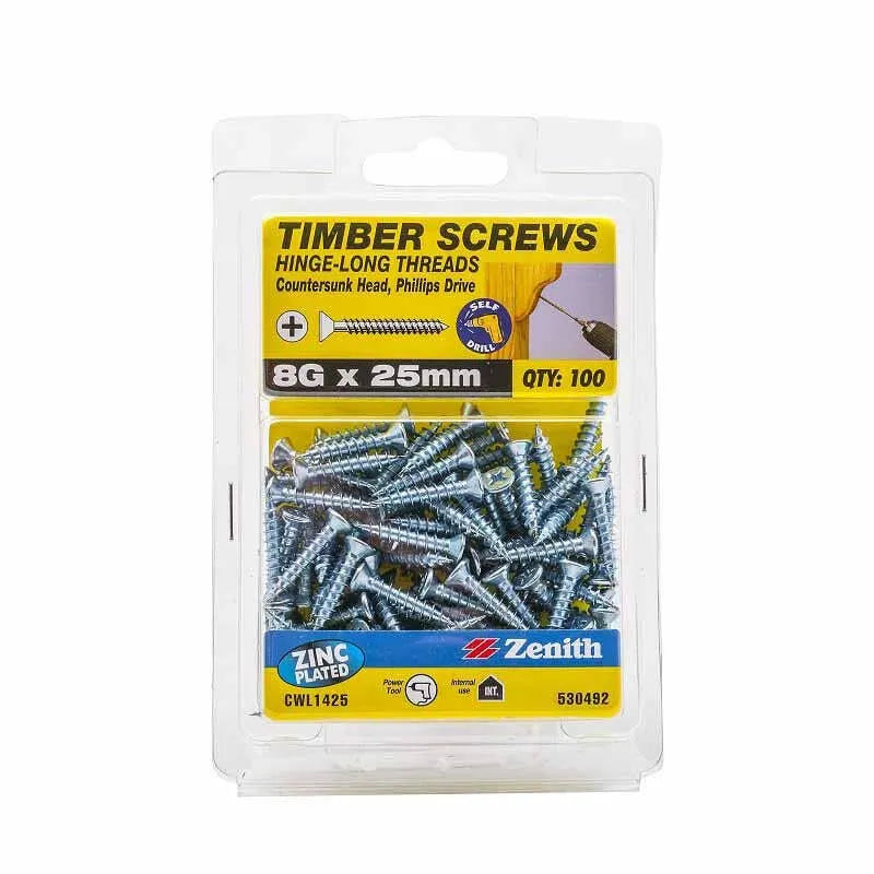 Zenith Timber Screws Countersunk ZP 8G x 25mm 100 Pack