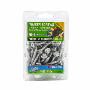 Zenith Timber Screws Hex Top Lock Galv 12G x 50mm 50 Pack