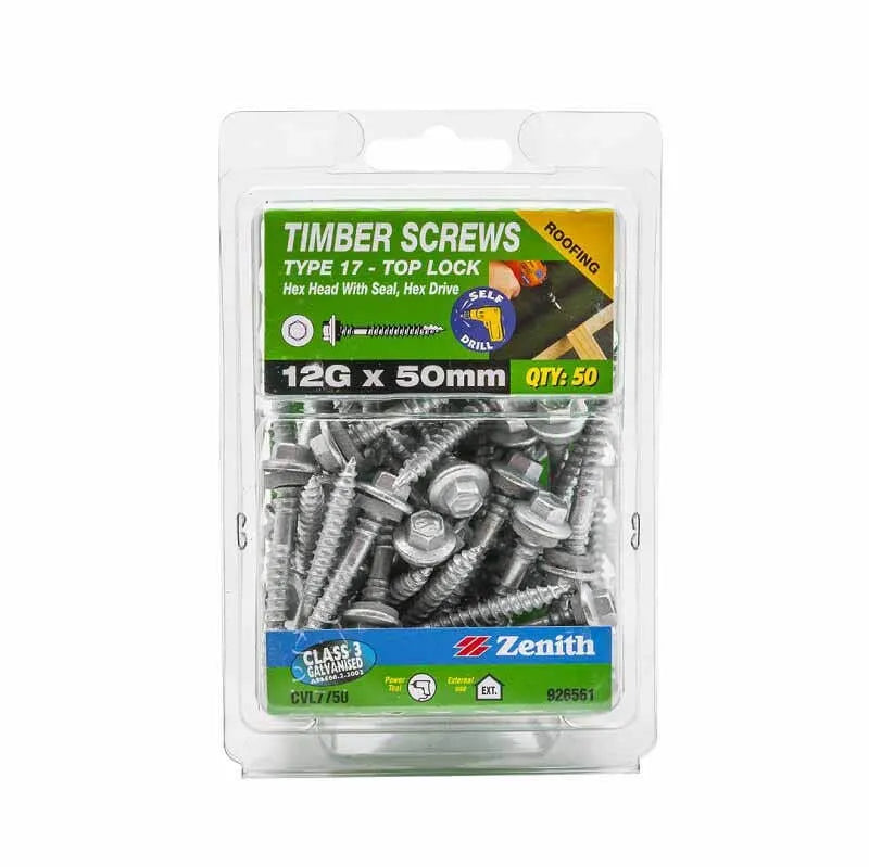 Zenith Timber Screws Hex Top Lock Galv 12G x 50mm 50 Pack
