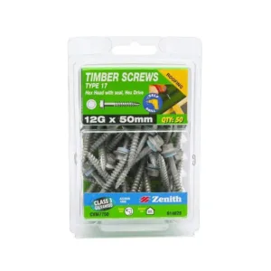 Zenith Timber Screws Hex with Seal Galv 12G x 50mm 50 Pack