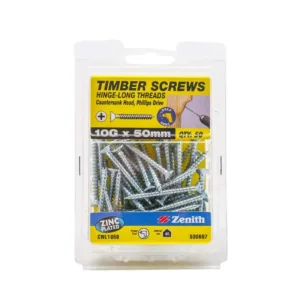 Zenith Timber Screws Long Thread Countersunk ZP 10G x 50mm 50 Pack